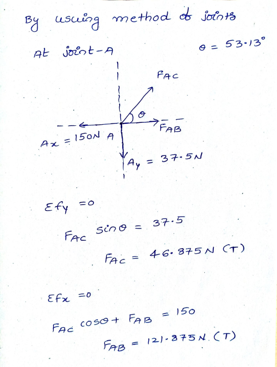 By usuing method of joints At joint-A O = 53:13° FAC FAB 15ON Ax 37.5N Efy sino s 37.5 FAC FAC 46• 875 N CT) Efx zo 150 FAC C