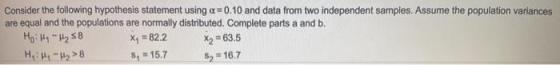 Consider the following hypothesis statement using a = 0.10 and data from two independent samples. Assume the population varia