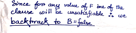 Since for any value off one of the clause will be unsatisfiable & we backtrack to B=false