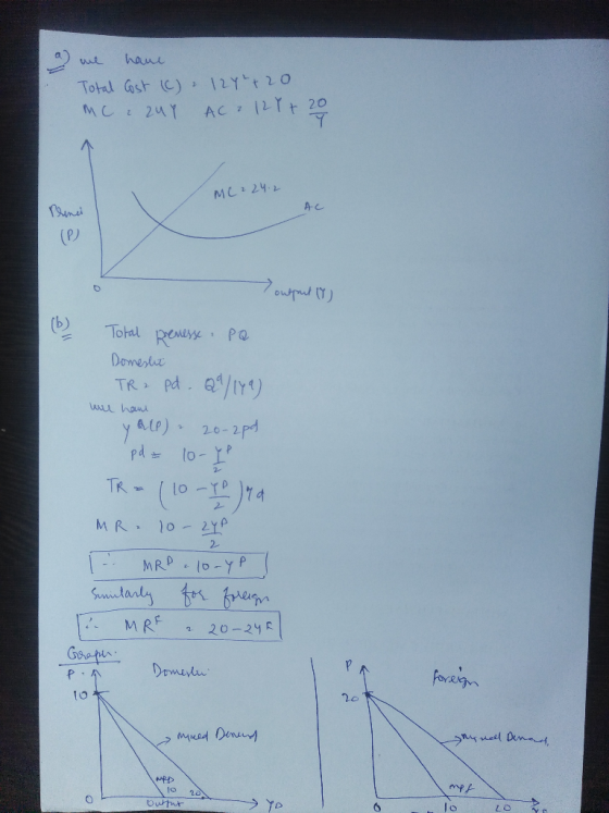 a we have Total Cost (C) mc & 2MY 129+ 20 AC? 12 Y + 20 MC²24.2 AL Tline 10 output (7) Total preness PQ Domesht TR 2 pd. 29/