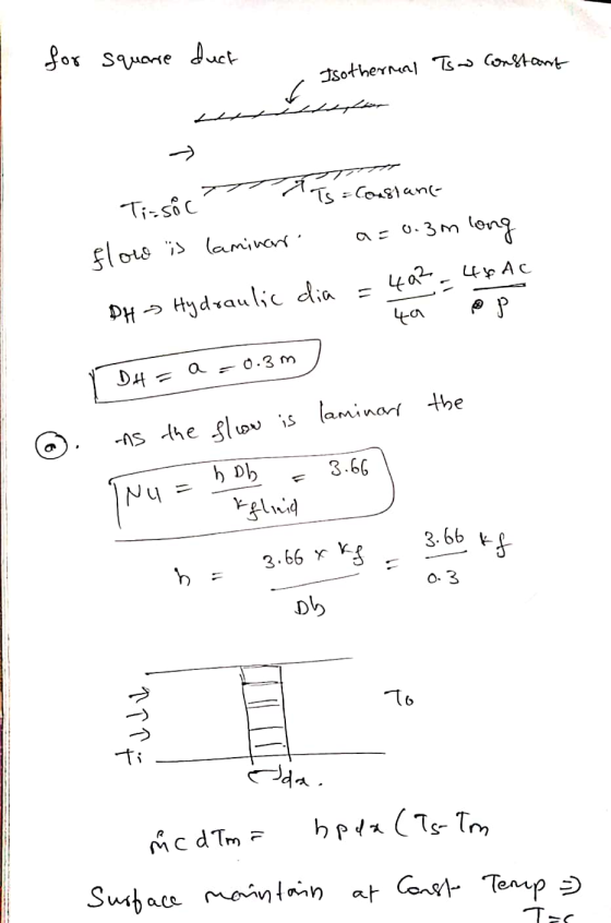 for square duct Isothermal Too Constant s Ts Constance Ti-soc flow is laminar a=0.3m long 46 dc =402 DH- Hydraulic dia = POP