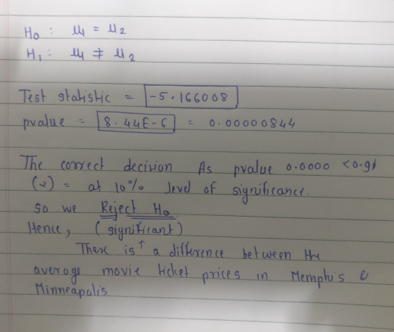 : ما 2 1 = بلا Hi ele # el 2 Test statistic = |-5.166008) pvalue = 18.44E-6 = 0.00000844 The correct decision As pvalue 0.000