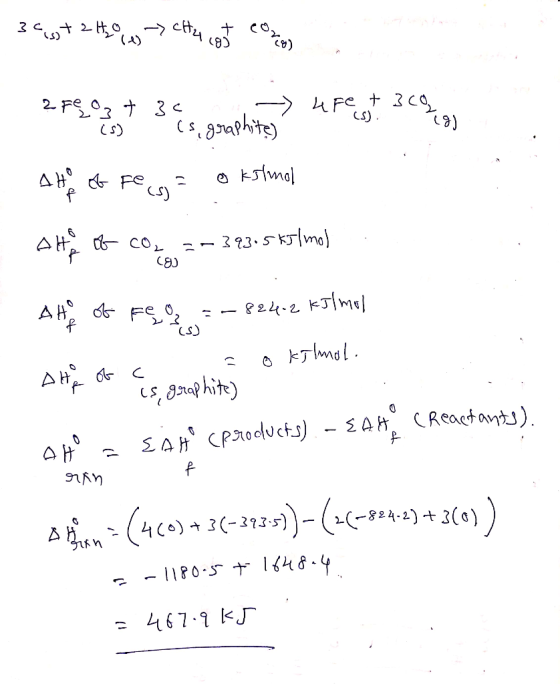 343) + 2 H2% 4) -> che cost concen ufet 3cg ?Feot 3c an - iso es graphite) CS). At of Fea= § a o kshnol co AHB- CO2 = 323.5 k