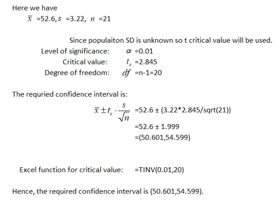 Here we have T52.6, s -3.22, n-21 Since populaiton SD is unknown so t critical value will be used. Level of significance: -0.