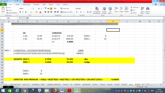 OPTIMAL RISKY PORTFOLIO VC AMORT SINKING JORDAN - Microsoft Excel (Product Activation Failed) Data Review View Add-Ins File H