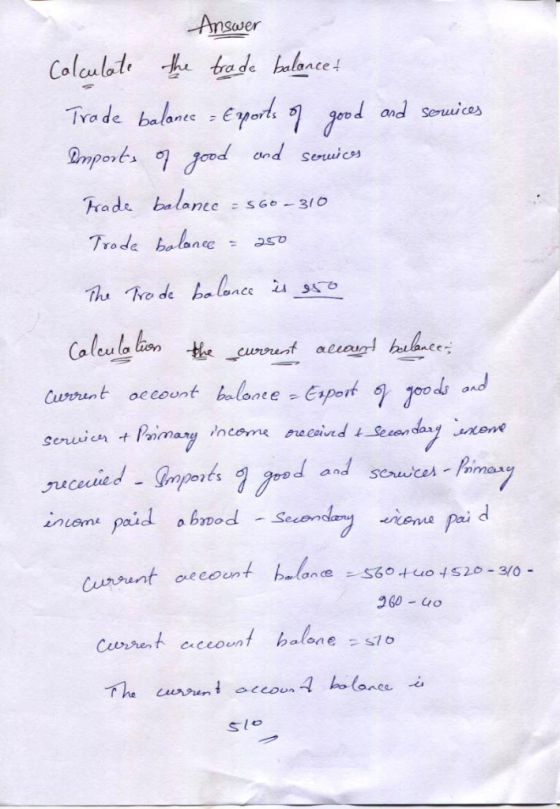 Answer Colculot ho trade halance t Trade baloaa Import orl antc and Souw cex and Senuices had, balance :S6e-31。 Trode bolonce