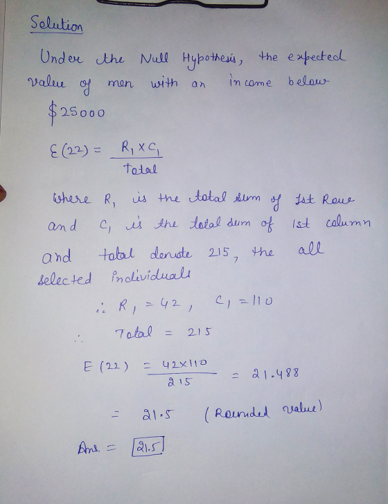 Solution Under the Null value with an Hypothesis, the expected inc come below of men $25.000 { (22) = R, XG, Total where R, i