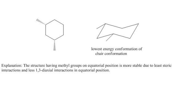 lowest energy conformation of chair conformation Explanation: The structure having methyl groups on equatorial position is mo