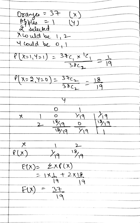 Orages = 37 (x) Apples = 1 ) 2 selected Xcould be 1,2 y could be ou P (X=1, 421) = 37c, 382 P(x= 2,420) - tehe rhoog X 1ė via
