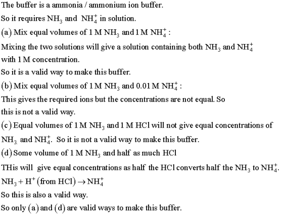 The buffer is a ammonia /ammonium ion buffer So it requires NH3 and NH in solution. (a) Mix equal volumes of 1 M NH3 and 1 M