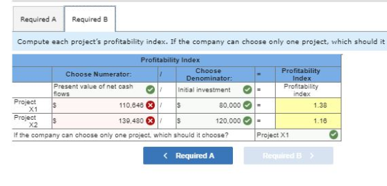 Required A Required B Compute each projects profitability index. If the company can choose only one project, which should it