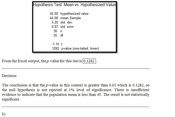 Hypothesis Test: Mean vs. Hypothesized Value 45.00 hypothesized value 44.00 mean Sample 5.20 std. dev. 0.87 std. error 36 n 3