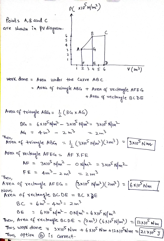 PC x105 N/m?) Points A, B and a are shown in pu diagram. B C 6 5 4 3 A G 2 IF E D 2 3 4 5 6 + + v (m3) work done = Area under