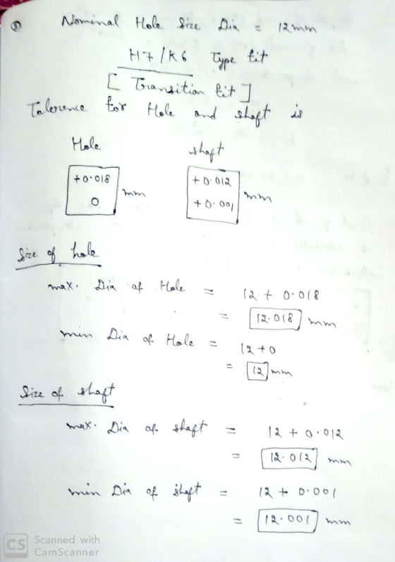 Nominal Hole fire Dia = 12mm H7lk6 Type fit [ Transition fit 7 Talerence for Hole and shaft is shaft +0.018 +0.012 +0.001 Siz