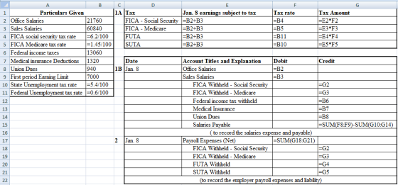 D Tax rate Tax Amount |=E2*F2 |=E3*F3 |=E4*F4 =E5*F5 1A Tax Jan. 8 earnings subject to tax Particulars Given 1 FICA - Social