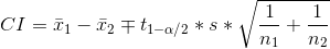 CI=\bar{x}_{1}-\bar{x}_{2}\mp t_{1-\alpha /2}*s*\sqrt{\frac{1}{n_{1}}+\frac{1}{n_{2}}}