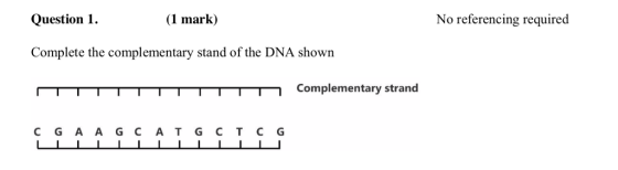 Question 1. (1 mark) No referencing required Complete the complementary stand of the DNA shown T T-T-T-T-T-T complementary strand CGA AG C A T GCT CG
