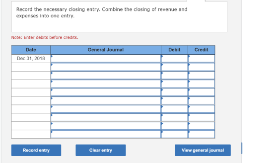 Record the necessary closing entry. Combine the closing of revenue and expenses into one entry. Note: Enter debits before cre