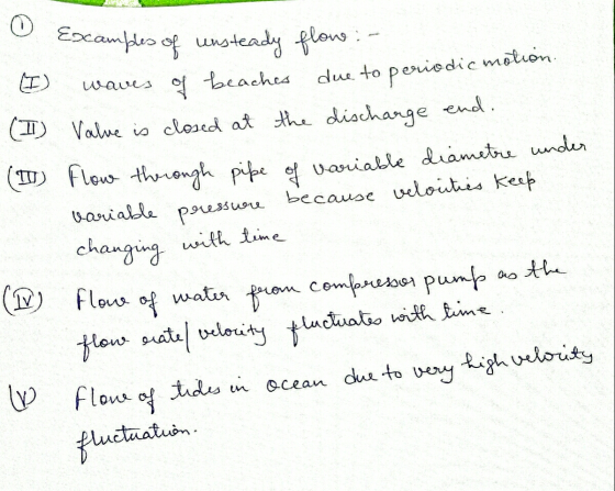 O Examples of unsteady flow :- I waves of beaches due to periodic motion. (1) Value is closed at the discharge end. (1) Flowe