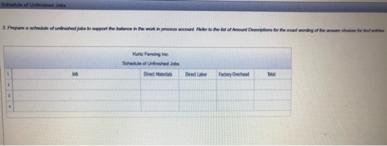 Schedule of Unfinished Jobs 3. Prepare a schedule of unfinished jobs to support the balance in the work in process account fo