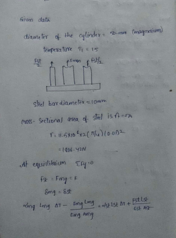 Given data cylinder- (magnesium) the tempera turre 15 diameter so-mon gst Stel bar diameter-tomm (noXS- Sectiona anea stel is