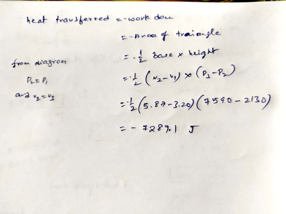 heat trausferred a work done E-A new of traiangle from diagron = base x height B = P, st ( 42 - 1) x (P3-P2) = (5.82-3:20) (7
