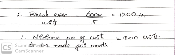 é Break even - units - 600o 5 = 1200H. Roo unite. . Miniman no of unite fes Scanntowibe made for month CamScanner