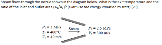 Steam flows through the nozzle shown in the diagram below. What is the exit temperature and the ratio of the inlet and outlet area (A/A)? (Hint: use the energy equation to start) 120) P1 = 3 MPa T, = 400°C = 40 m/s P2 = 2.5 MPa , = 300 m/s Steam >