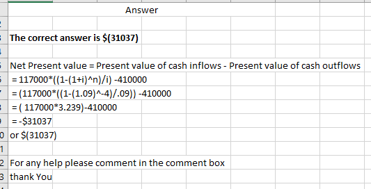 Answer • The correct answer is $(31037) * Net Present value = Present value of cash inflows - Present value of cash outflows