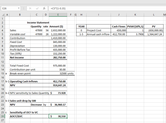 X fC5 (1-0.35) Income Statement Quantity rate Amount (S) YEAR Cash Flows PVIAF(10%,5 PV Sales Variable cost Contribution Fixe