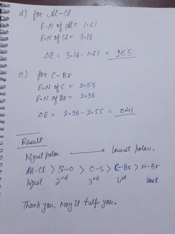 E.Nof dl 1.6/ E N of Cl 3.16 AB = 3.16-1.61 = 155 e) for C-Br boN OfC 2 55 2096 2.96-2.55 = 041 DE= 17 Result higast halau Al