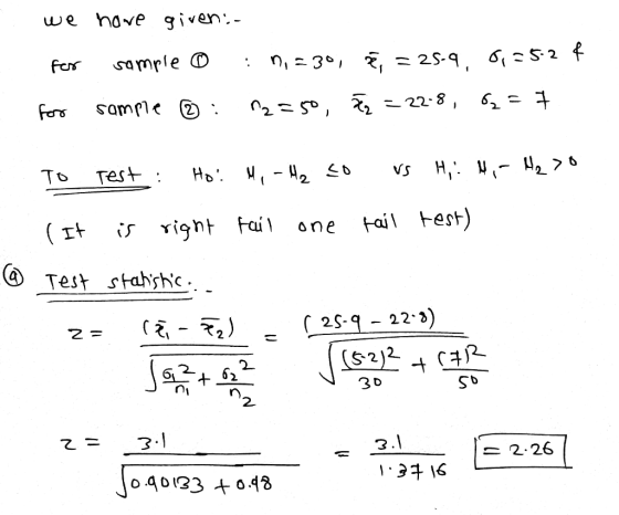 we have given- n30 = 25-9, 6S2 f sample D fors z 22.8 , sample 2 н. Wir VS Test To Fail test) one ( It Test stahshc (25-9-22-