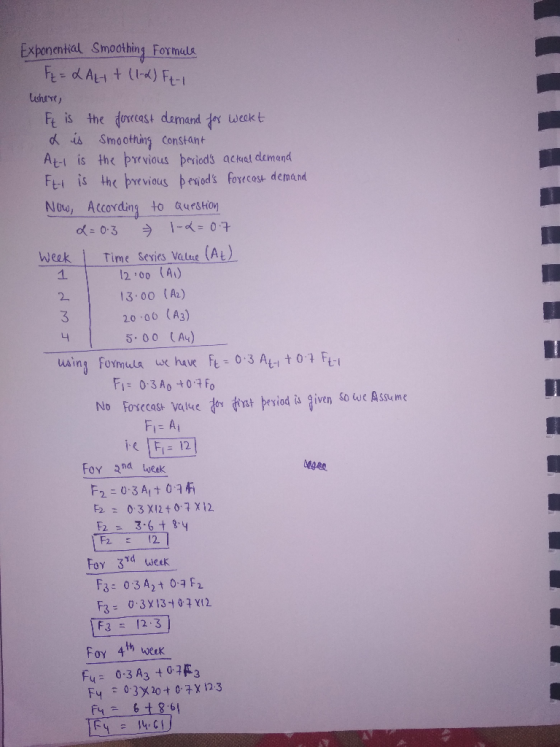 Exponential Smoothing Formula Fe = L AL + (1-2) Ft-1 where, it is the forecast demand for weekt x is smoothing constant At-i