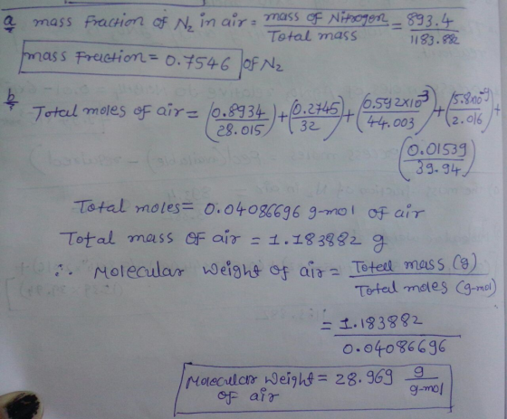 4 mass Fracon of N in air mass o Nioe $33.4 Total mass nnass Freehon= o.FS46 |ofN2 .01539 39.94 Total mass GF air 。工83992 g
