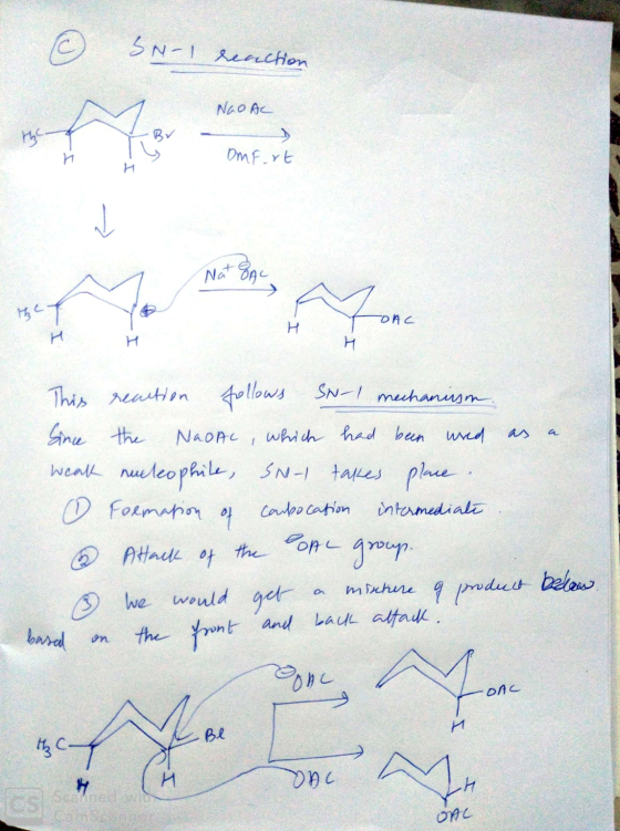 SN-1 reaction Nao AC the M h OMF.rt Nat ชิก the T Fone H Н as a This reation follows SN-1 mechanism. Since the NaOAL, which