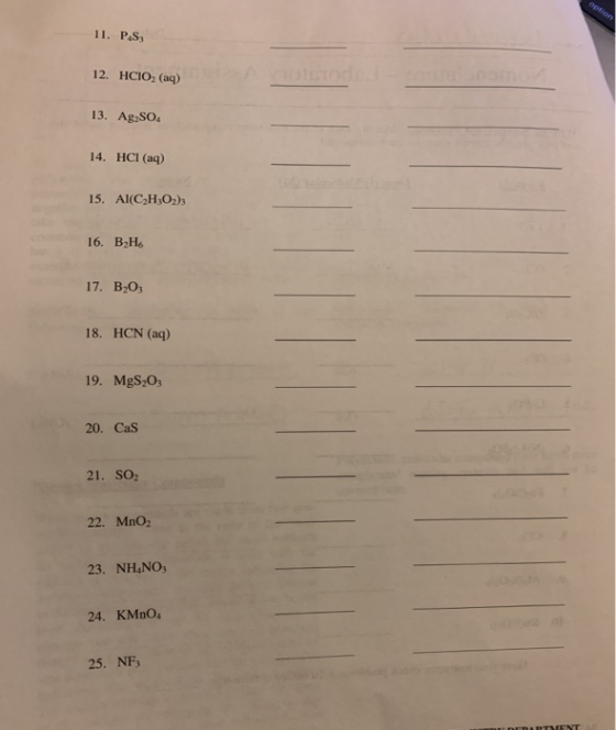 11. P.S, 12. HCIO, (aq) 13. Ag,SO 14. HCl(aq) 15. Al(CH:02) 16. BH 17. B203 18. HCN (aq) 19. MgS203 20. Cas 21. SO2 22. MnO2