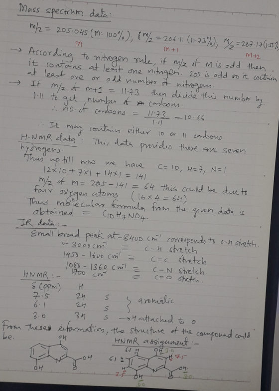 - or odd one nitrogen. 205. - It me one Mass spectrum data m/2 = 205.045 (M: 100%); m2 = 206.11 (11-73%); M =207-19 (-15% m+1