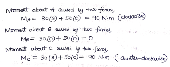 Moment about t caused by two forces, MA= 30(3) +500) = 90 N.m (clockwise Moment about B caused. by two forces, MB = 30 + 500=