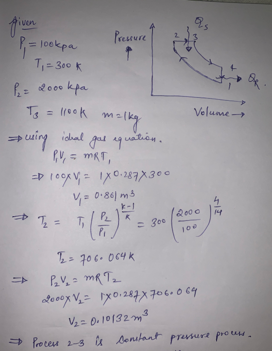 Qs OR. given Pressure P = lookpa T, = 300k f = 2000kpa T = look m=lky using ichal PV = MRT = 1008 V = 1X0.287X300 Volume gas