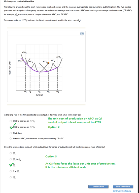 10. Long-run cost relationships The following graph shows the short-run average total cost curves and the long-run average to