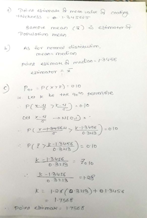. a point estimate I mean value of coating thickness 1.34 5695 sampie mean cx is estimator of Population mean AS for normal d