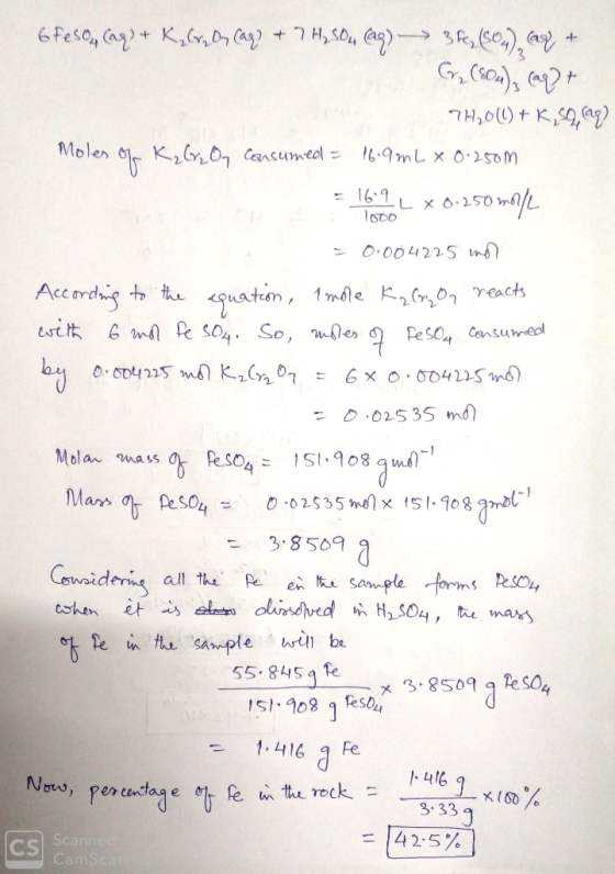 6 feso, caq) + K, Crn On Cag) + 7 H2SO4 (aq) → 3F, (504), aq + G2 (504), ( + TH2011) + K,5909) Moles of K₂ G₂ On consumed = 1