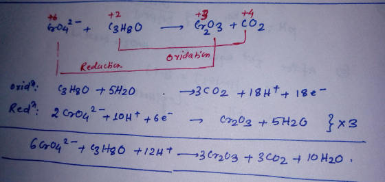 +3 03 +CO2 +4 +2 +6 2- + (3H80 OYidabon Reduchea exid 3 Hg O +SH20 3c02 +18HT+ 18e- Red: 2 Cro4 10Ht +6e 2- }x3 C202 5H26 Gr