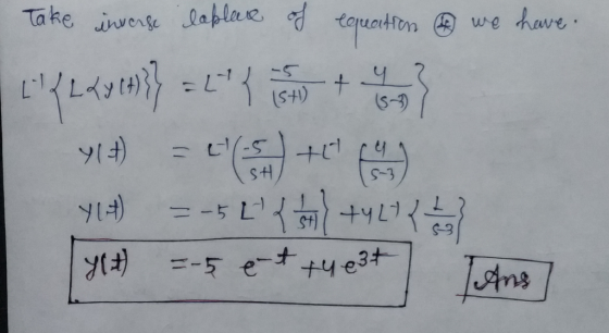 Take inverse lablare of equation of we have L { L 24 (4}} = Lt { is + 4 } 91 +) = N()+cente y = -5L{$+44745 y(t) =-5 et +4e3t