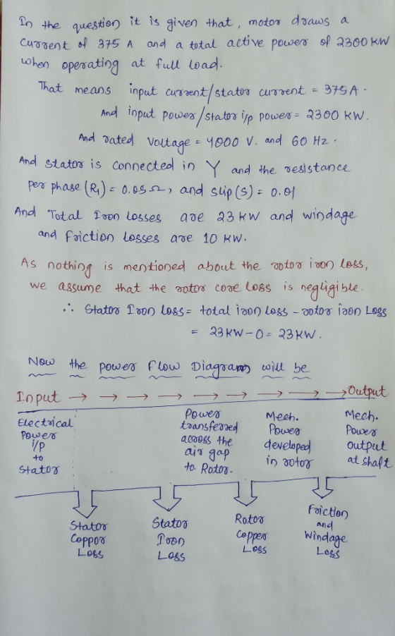 In the question it is given that , motor draws a Current of 375 A and a total active power of 2300 KW when operating at full