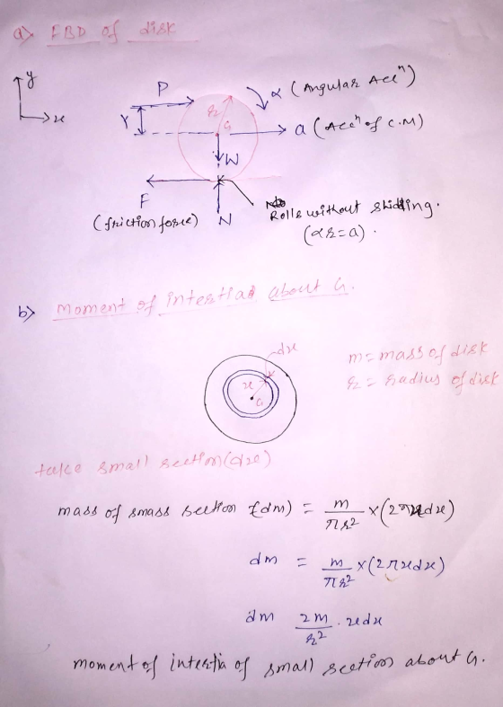 moment of interfa of small section about a FBD of disk Fy Ace) L Р x (Angular de →a (Ach of c.m) VW Norbert F ( friction fos