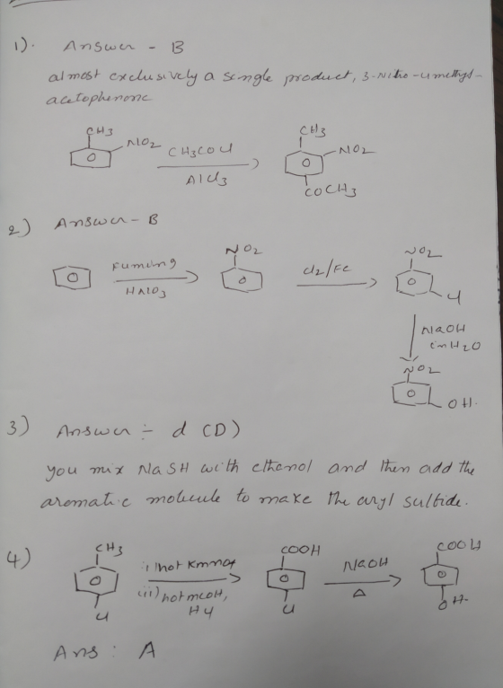 1). Answer - B almost exclusively a single acetophenone product, 3-nitro-umethys- cas no2 Chicou CH3 NO2 Ald COCH, 2) Answa-B
