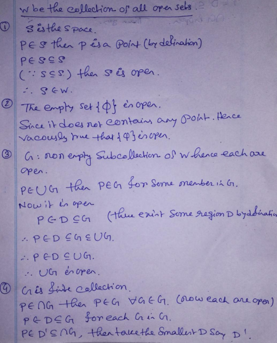 w be the collection of all open sets 0 4 ses the space. PES then pêsa Point (by defination) PESCS (SSS.) then so is open. - S