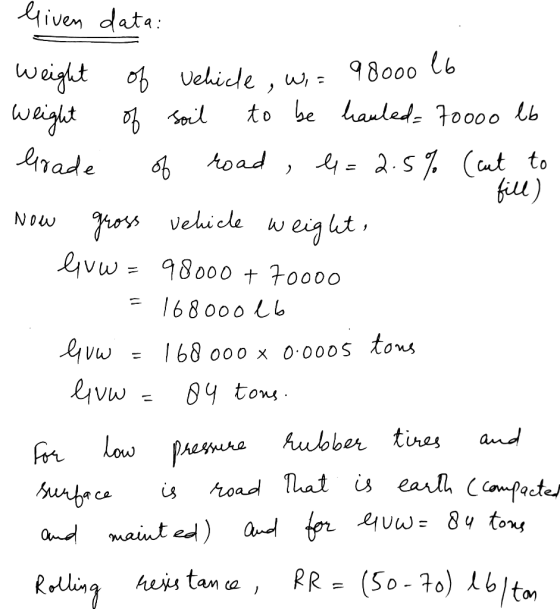 liven data: weight of vehicle, w,= 98000 lb weight of soil to be hauled= 70000 lb brade of road, h=2.5% (cut to fill) Now gro