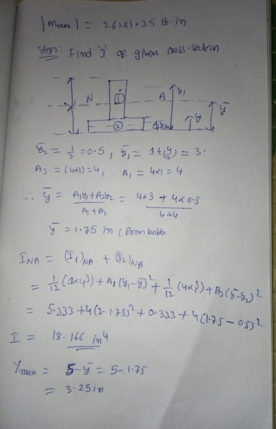 Immax ) = 26281.25 lb-in Steps: Find I of given cross-section B = - = 0.5, 5,= 1+4 = 3. Az = (481)=4, A, = 46124 y = Alytazo